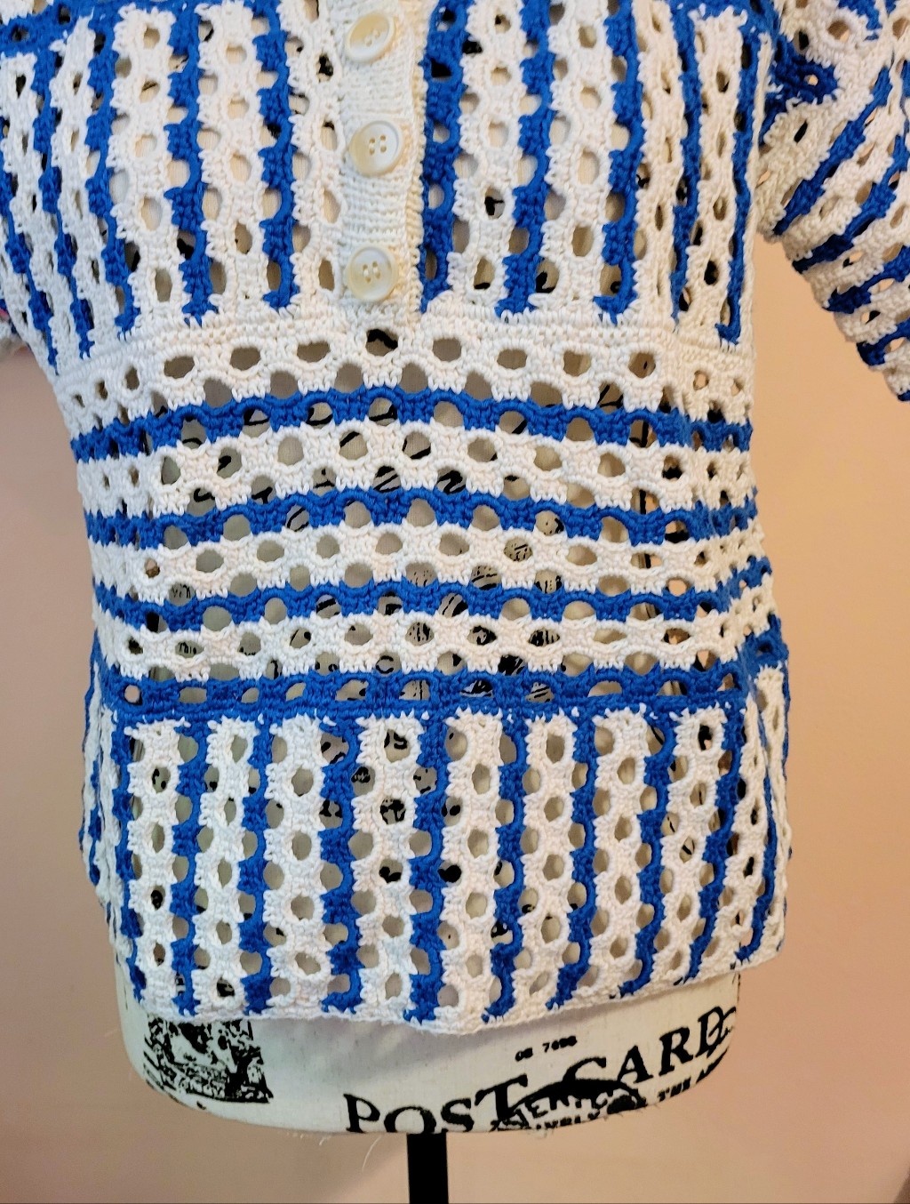 Nwt Proche Open Crochet Polo Knit Top In White And Blue, Small — image 8 of 8